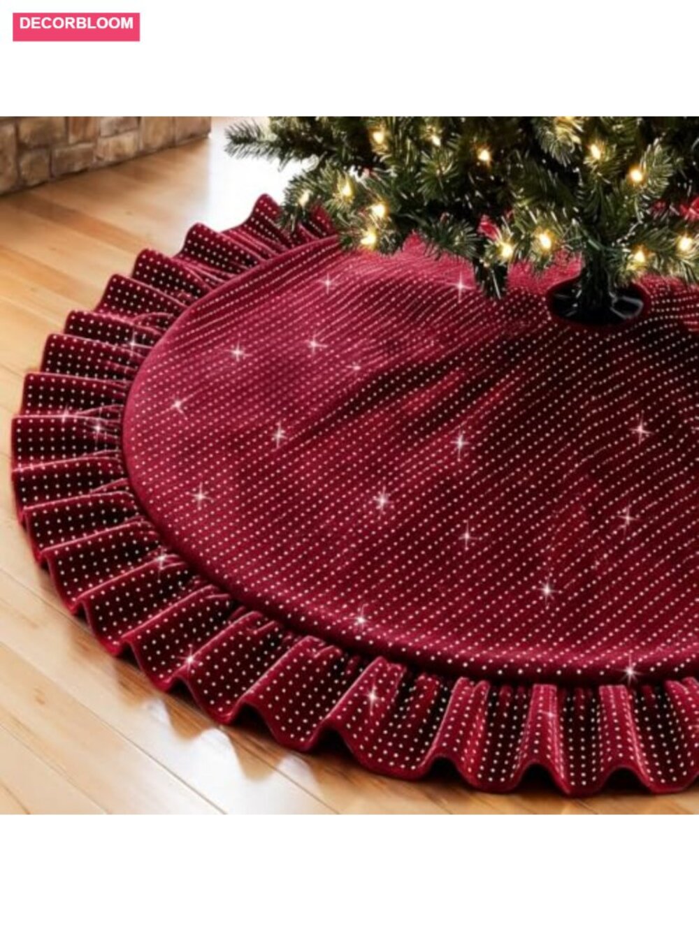 Velvet Christmas Tree Skirt 60 Inch Ruffled Glitter Rhinestone - Picture 1 of 6
